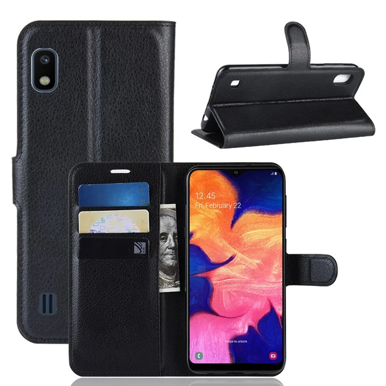 Litchi Skin PU Leather Wallet Mobile Phone Case for Samsung Galaxy A10 - Black-Cellmalls