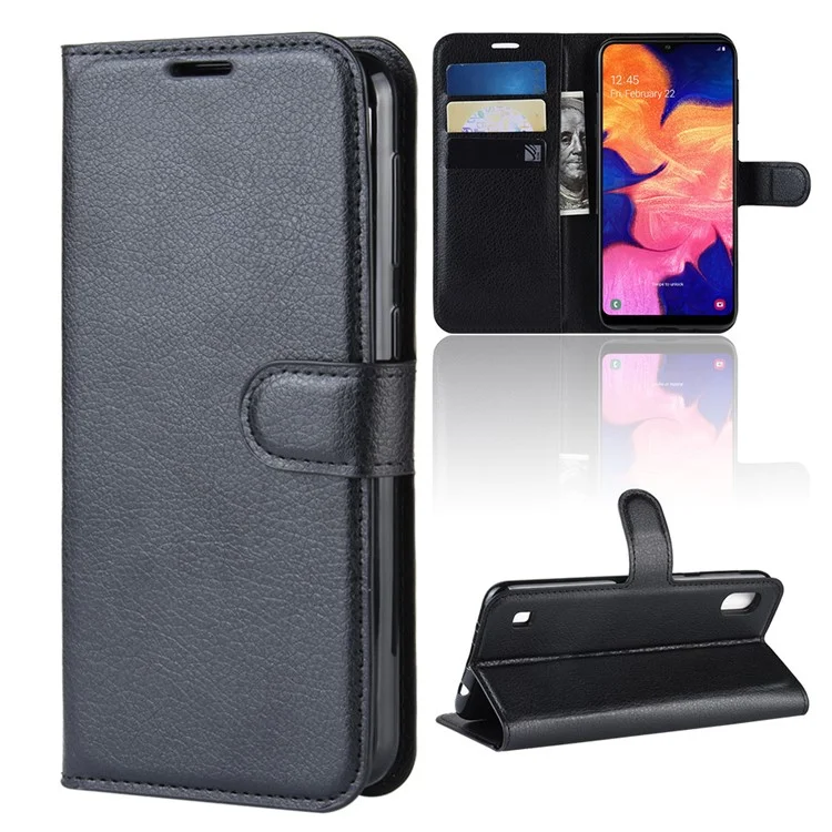 Litchi Skin PU Leather Wallet Mobile Phone Case for Samsung Galaxy A10 - Black-Cellmalls