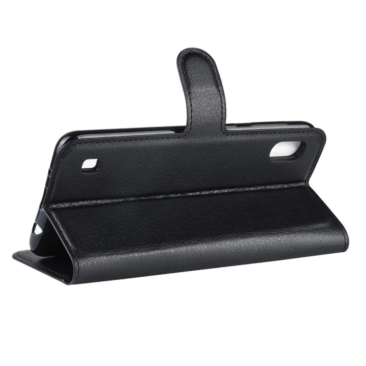 Litchi Skin PU Leather Wallet Mobile Phone Case for Samsung Galaxy A10 - Black-Cellmalls