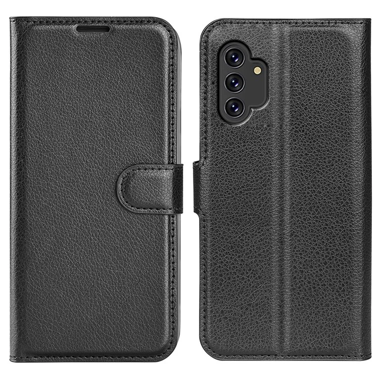 For Samsung Galaxy A13 4G Litchi Texture PU Leather Cover Wallet Stand Magnetic Clasp Folio Flip Phone Case - Black-Cellmalls