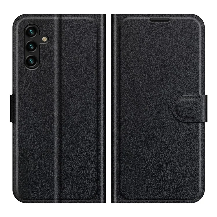 Folio Flip Magnetic Closure Litchi Texture PU Leather + Inner TPU Stand Wallet Cover for Samsung Galaxy A13 5G / A04s 4G (164.7 x 76.7 x 9.1 mm) - Black-Cellmalls