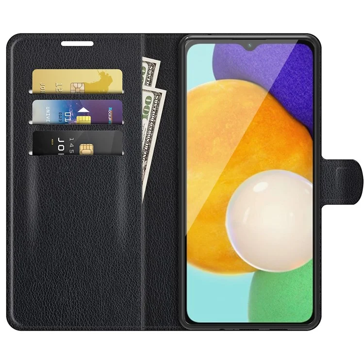 Folio Flip Magnetic Closure Litchi Texture PU Leather + Inner TPU Stand Wallet Cover for Samsung Galaxy A13 5G / A04s 4G (164.7 x 76.7 x 9.1 mm) - Black-Cellmalls