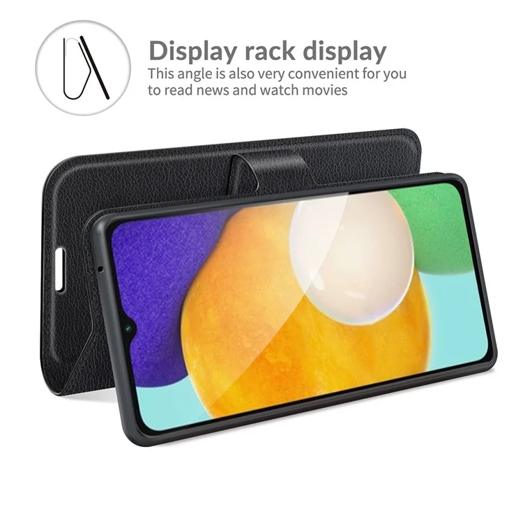 Folio Flip Magnetic Closure Litchi Texture PU Leather + Inner TPU Stand Wallet Cover for Samsung Galaxy A13 5G / A04s 4G (164.7 x 76.7 x 9.1 mm) - Black-Cellmalls
