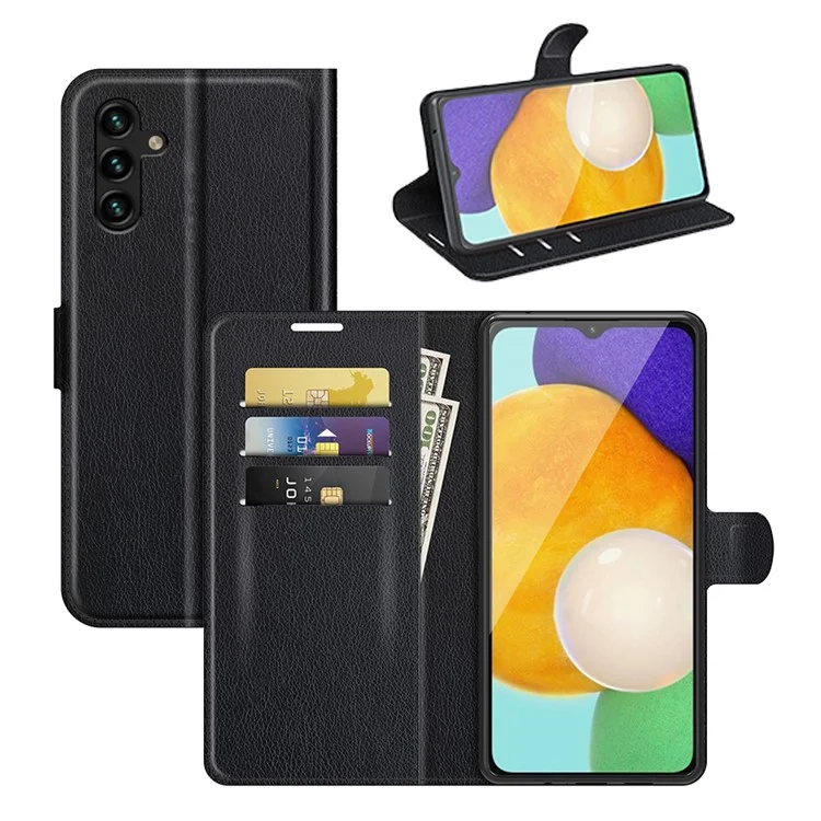 Folio Flip Magnetic Closure Litchi Texture PU Leather + Inner TPU Stand Wallet Cover for Samsung Galaxy A13 5G / A04s 4G (164.7 x 76.7 x 9.1 mm) - Black-Cellmalls