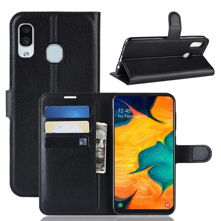 Litchi Skin PU Leather Wallet Stand Mobile Casing for Samsung Galaxy A30 / A20 - Black-Cellmalls