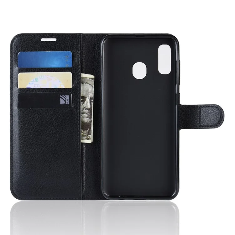 Litchi Skin PU Leather Wallet Stand Mobile Casing for Samsung Galaxy A30 / A20 - Black-Cellmalls