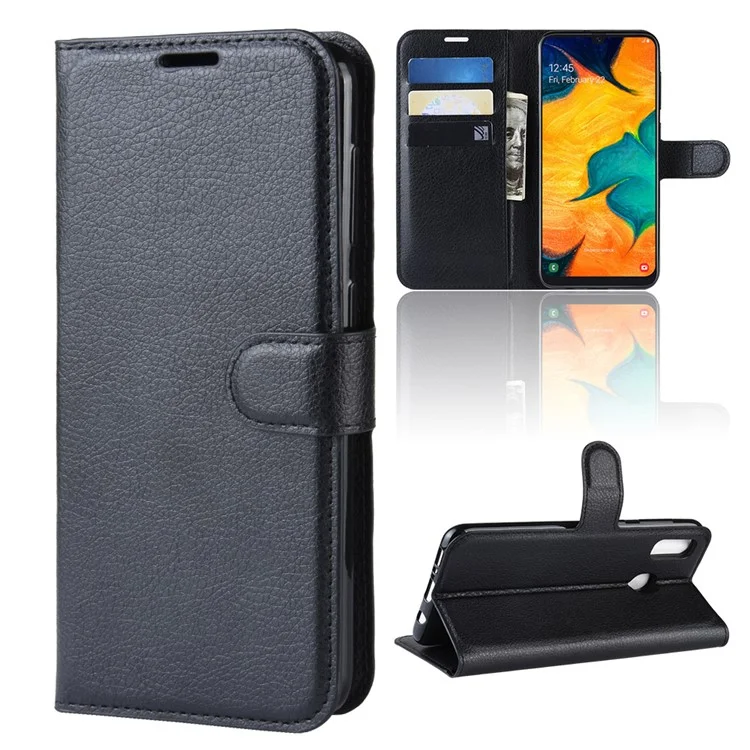 Litchi Skin PU Leather Wallet Stand Mobile Casing for Samsung Galaxy A30 / A20 - Black-Cellmalls