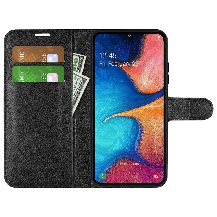 Litchi Texture Wallet Stand Leather Protective Phone Casing for Samsung Galaxy A20e - Black-Cellmalls