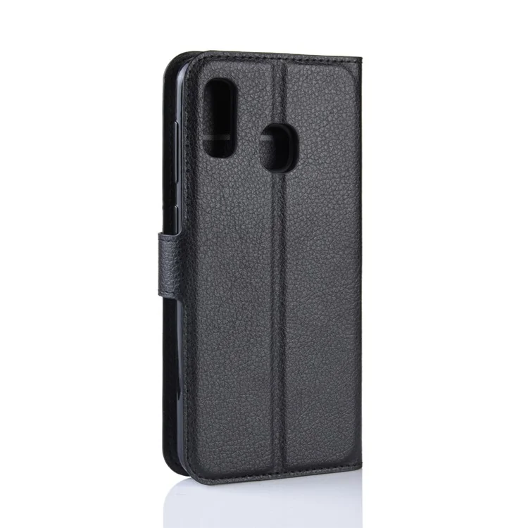 Litchi Skin PU Leather Wallet Stand Mobile Casing for Samsung Galaxy A30 / A20 - Black-Cellmalls