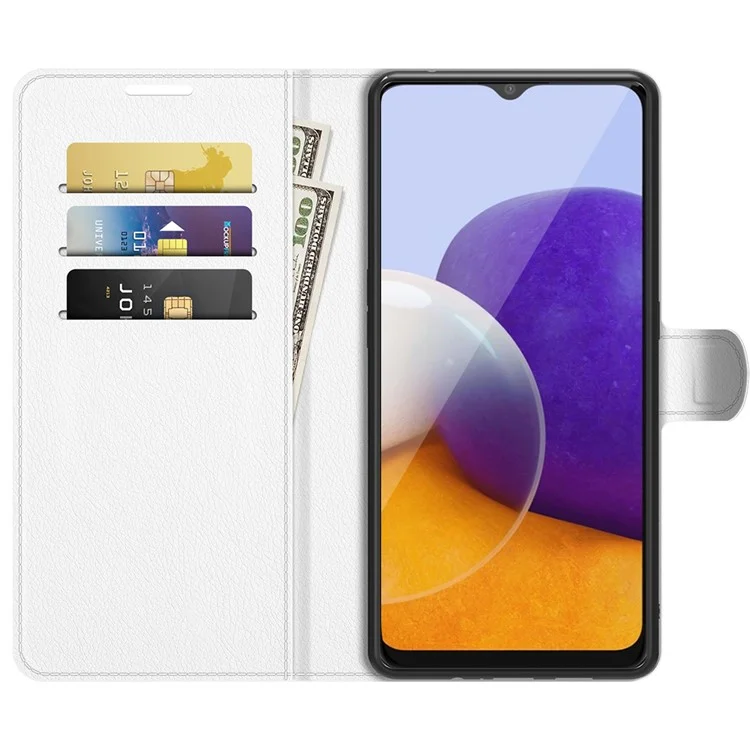 Folio Flip Litchi Skin Drop-Proof Leather Wallet Design Leather Case Stand Cover for Samsung Galaxy A22 5G (EU Version) - White-Cellmalls