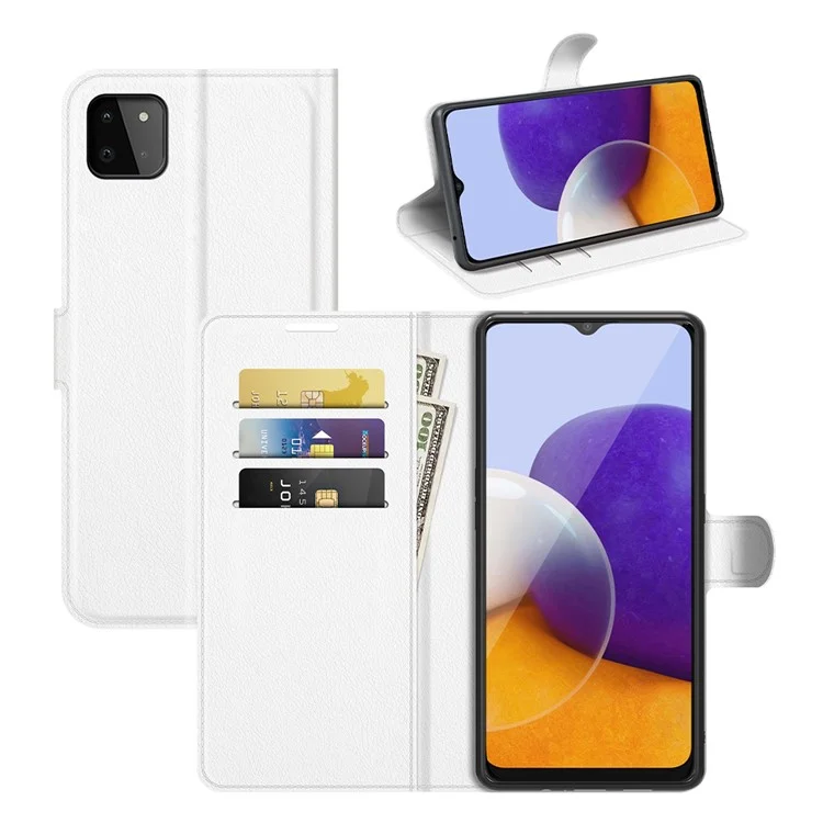 Folio Flip Litchi Skin Drop-Proof Leather Wallet Design Leather Case Stand Cover for Samsung Galaxy A22 5G (EU Version) - White-Cellmalls