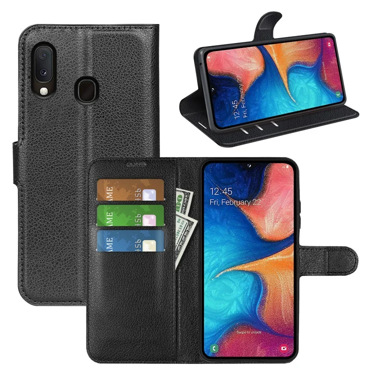 Litchi Texture Wallet Stand Leather Protective Phone Casing for Samsung Galaxy A20e - Black-Cellmalls