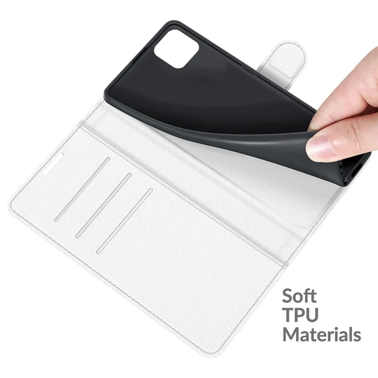 Folio Flip Litchi Skin Drop-Proof Leather Wallet Design Leather Case Stand Cover for Samsung Galaxy A22 5G (EU Version) - White-Cellmalls