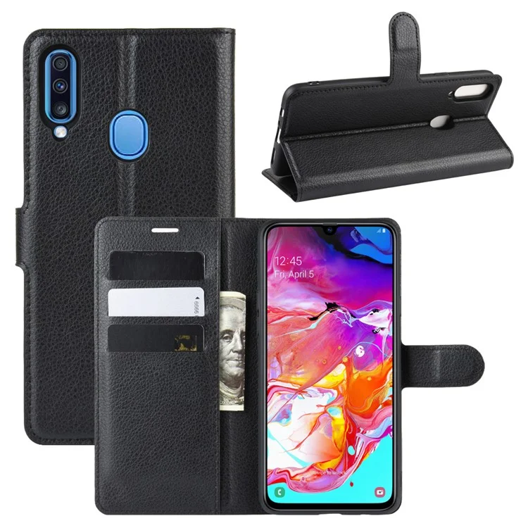 Litchi Skin Wallet Leather Stand Phone Cover for Samsung Galaxy A20s - Black-Cellmalls