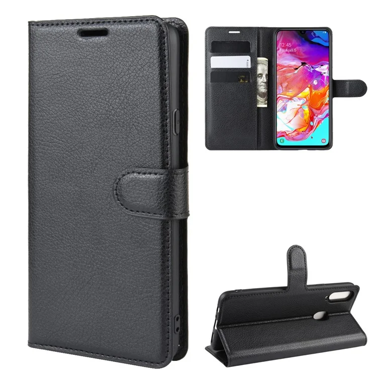 Litchi Skin Wallet Leather Stand Phone Cover for Samsung Galaxy A20s - Black-Cellmalls