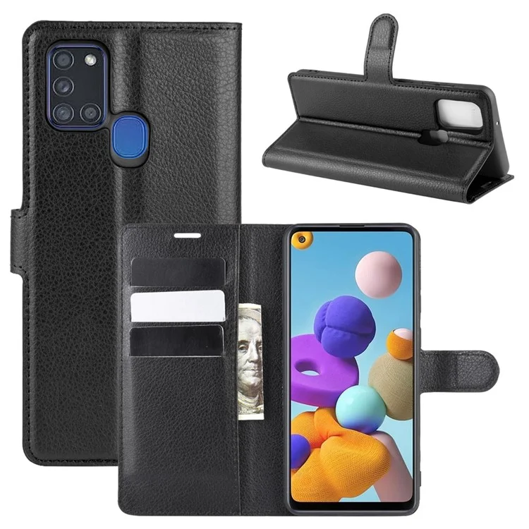 Litchi Texture Mobile Phone Shell Wallet Leather Cool Cover for Samsung Galaxy A21s Supporting Stand Phone Case - Black-Cellmalls