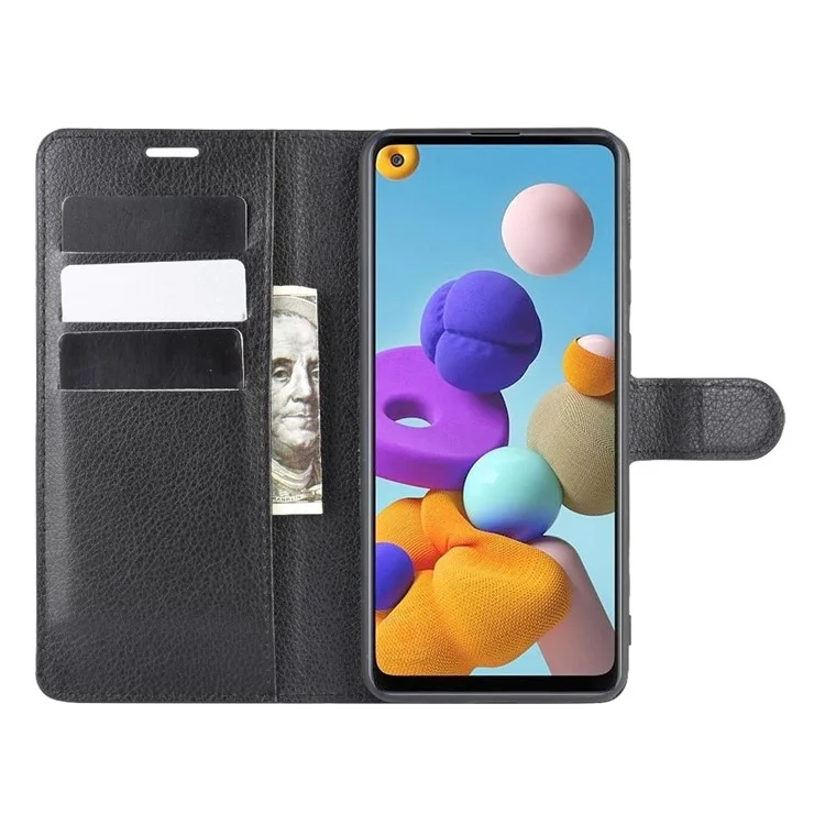 Litchi Texture Mobile Phone Shell Wallet Leather Cool Cover for Samsung Galaxy A21s Supporting Stand Phone Case - Black-Cellmalls
