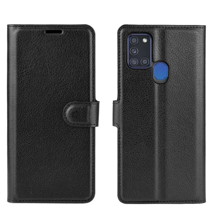Litchi Texture Mobile Phone Shell Wallet Leather Cool Cover for Samsung Galaxy A21s Supporting Stand Phone Case - Black-Cellmalls