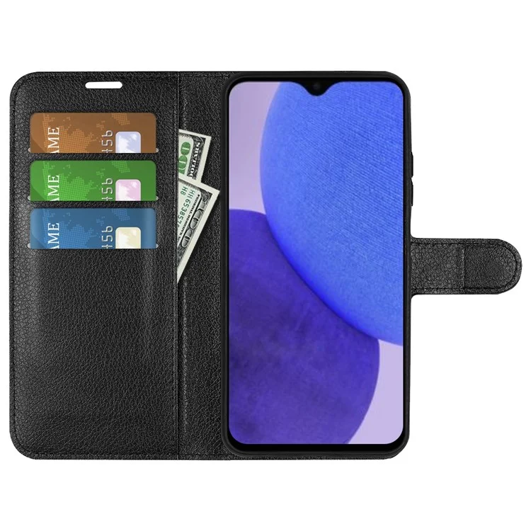Litchi Texture PU Leather Phone Case for Samsung Galaxy A23e, Anti-scratch Wallet Stand Protective Phone Cover - Black-Cellmalls