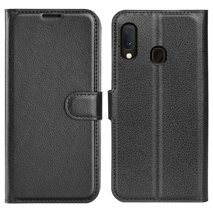 Litchi Texture Wallet Stand Leather Protective Phone Casing for Samsung Galaxy A20e - Black-Cellmalls