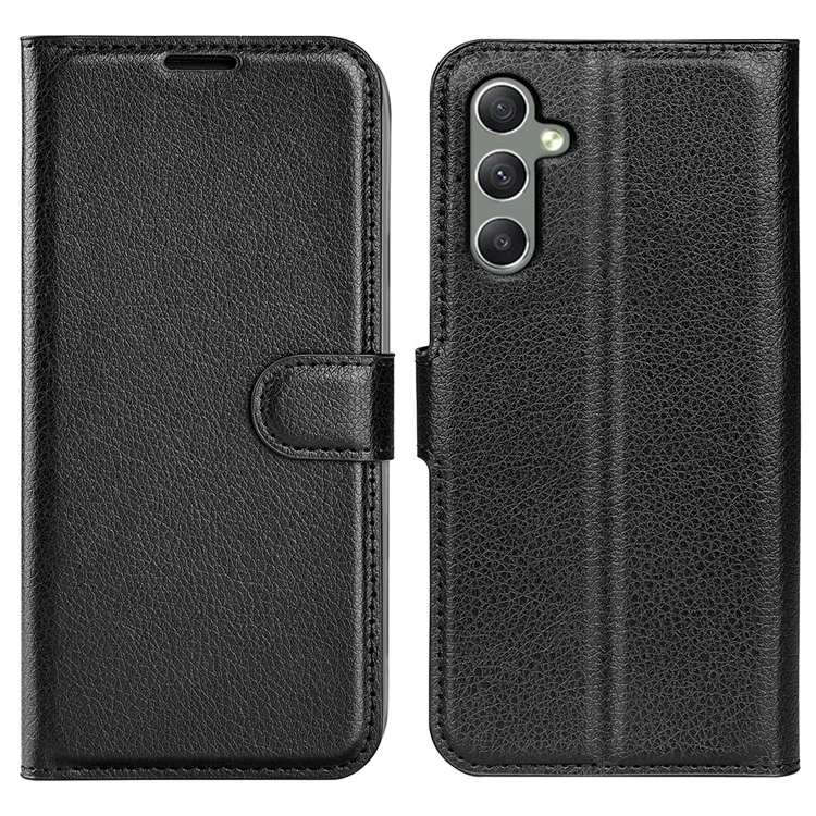 For Samsung Galaxy A24 4G (162.1 x 77.6 x 8.3mm) PU Leather Wallet Shell Litchi Texture Phone Case Flip Stand Cover - Black-Cellmalls