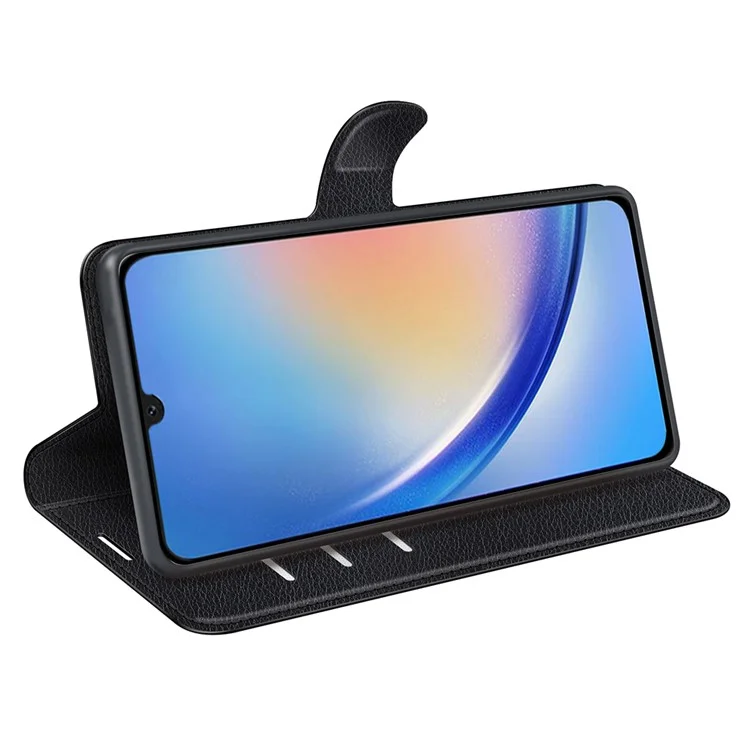 For Samsung Galaxy A24 4G (162.1 x 77.6 x 8.3mm) PU Leather Wallet Shell Litchi Texture Phone Case Flip Stand Cover - Black-Cellmalls