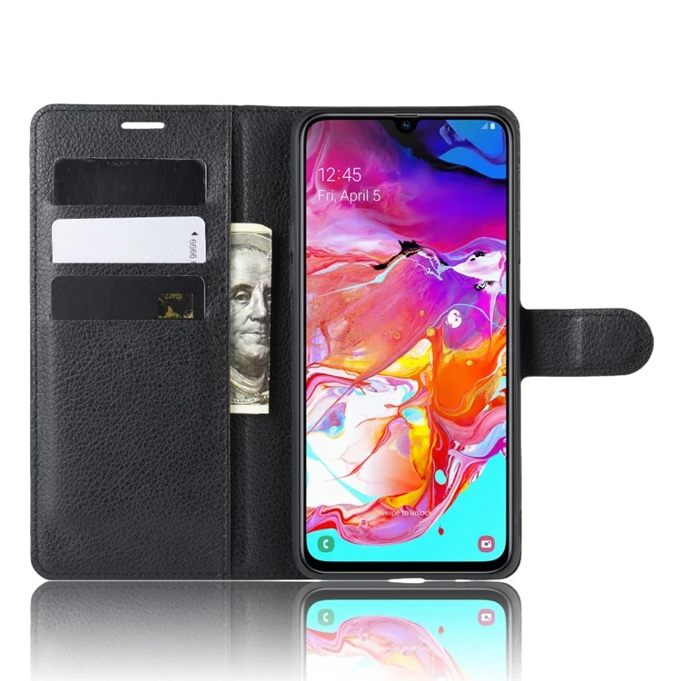 Litchi Skin Wallet Leather Stand Phone Cover for Samsung Galaxy A20s - Black-Cellmalls
