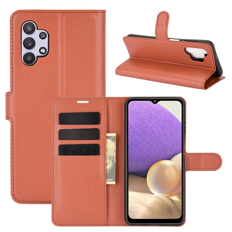 Litchi Texture Wallet Leather Protector Phone Stand Cover for Samsung Galaxy A32 5G / M32 5G - Brown-Cellmalls