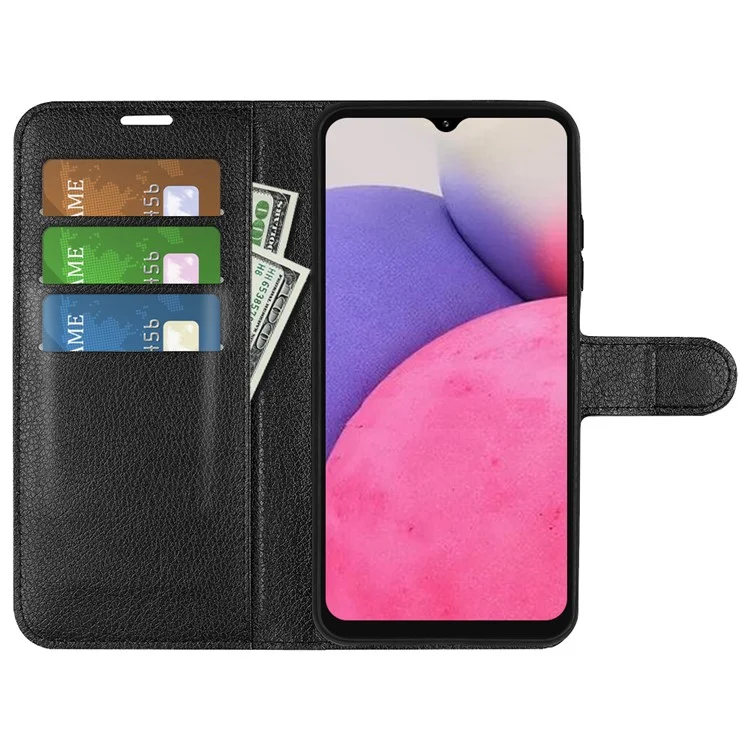 For Samsung Galaxy A33 5G Litchi Texture PU Leather Flip Stand Case Wallet Style Magnetic Clasp Protective Phone Cover - Black-Cellmalls