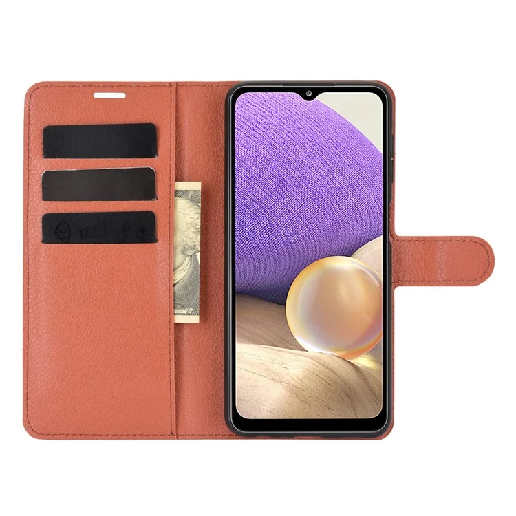 Litchi Texture Wallet Leather Protector Phone Stand Cover for Samsung Galaxy A32 5G / M32 5G - Brown-Cellmalls