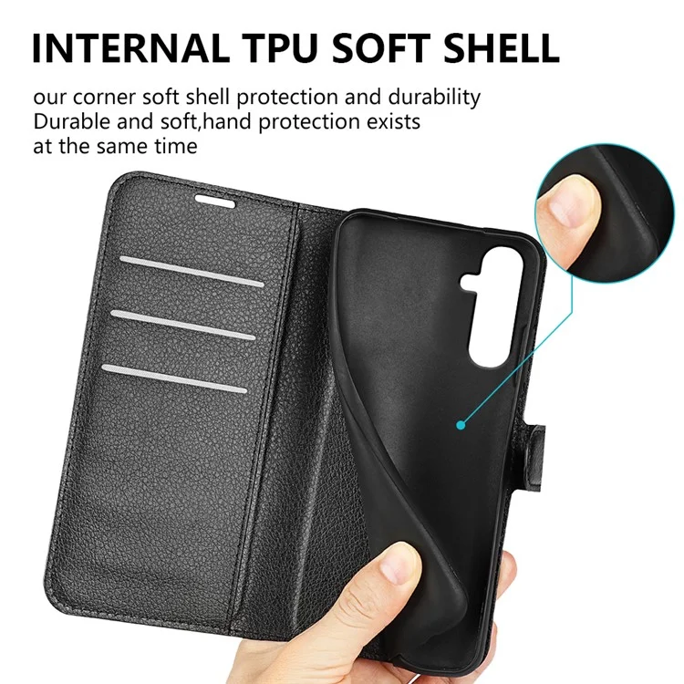 Shockproof Phone Case For Samsung Galaxy A34 5G Litchi Texture Flip Wallet Phone Cover with Stand - Black-Cellmalls