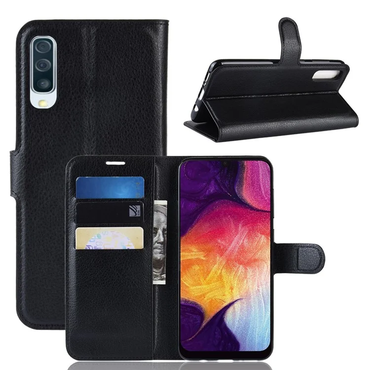 Litchi Skin Wallet Leather Stand Case for Samsung Galaxy A50 / A50s / A30s Cell Phone Case - Black-Cellmalls