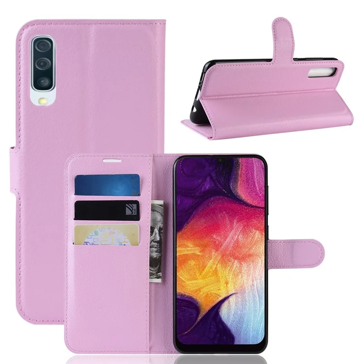 Litchi Skin Wallet Leather Stand Case for Samsung Galaxy A50 / A50s / A30s Cell Phone Case - Black-Cellmalls