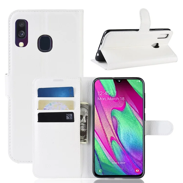 Litchi Skin PU Leather Phone Cover Shell with 3 Card Slots for Samsung Galaxy A40 Cell Phone Accessory - White-Cellmalls