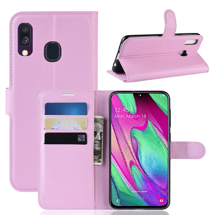 Litchi Skin PU Leather Phone Cover Shell with 3 Card Slots for Samsung Galaxy A40 Cell Phone Accessory - White-Cellmalls