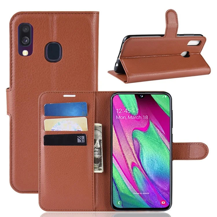 Litchi Skin PU Leather Phone Cover Shell with 3 Card Slots for Samsung Galaxy A40 Cell Phone Accessory - White-Cellmalls