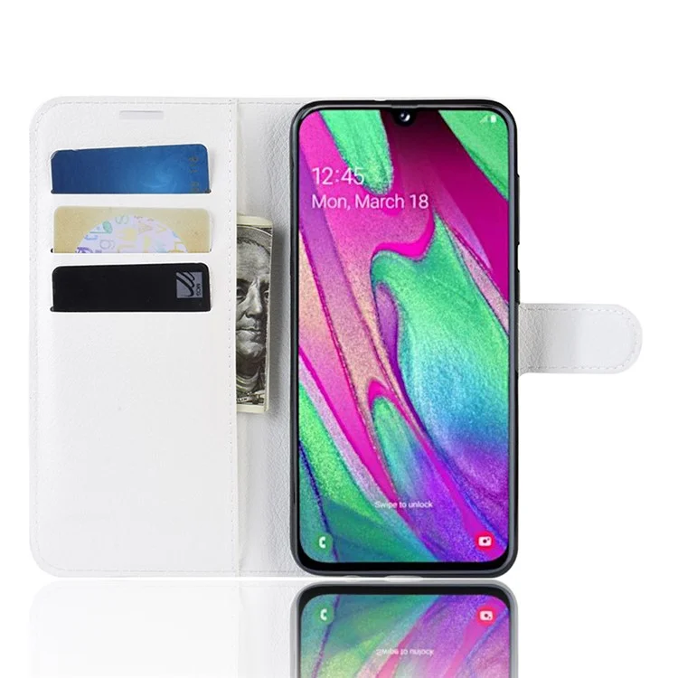 Litchi Skin PU Leather Phone Cover Shell with 3 Card Slots for Samsung Galaxy A40 Cell Phone Accessory - White-Cellmalls
