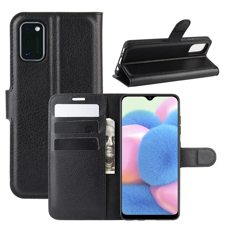 Litchi Texture PU Leather Magnetic Flip Stand Wallet Phone Case for Galaxy A41 (Global Version) - Black-Cellmalls