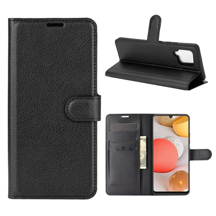 Litchi Texture Wallet Stand Leather Shell Protective Cover for Samsung Galaxy A42 5G - Black-Cellmalls