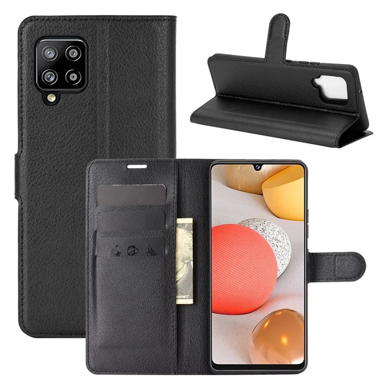 Litchi Texture Wallet Stand Leather Shell Protective Cover for Samsung Galaxy A42 5G - Black-Cellmalls