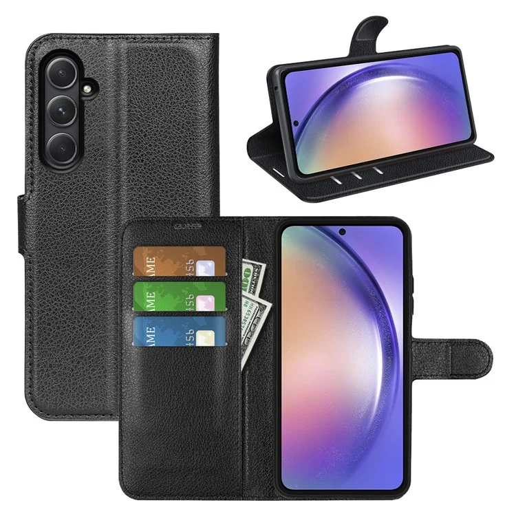For Samsung Galaxy A55 5G Leather Litchi Texture Case Flip Wallet Phone Cover - Black-Cellmalls
