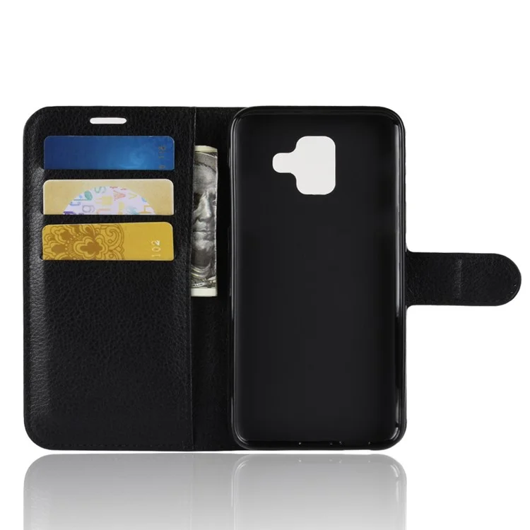 Litchi Skin Leather Wallet Case Phone Shell for Samsung Galaxy A6 (2018) Adjustable Stand Design Phone Accessory - Black-Cellmalls
