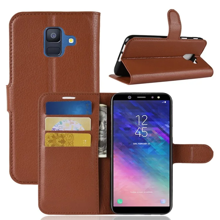 Litchi Skin Leather Wallet Case Phone Shell for Samsung Galaxy A6 (2018) Adjustable Stand Design Phone Accessory - Black-Cellmalls