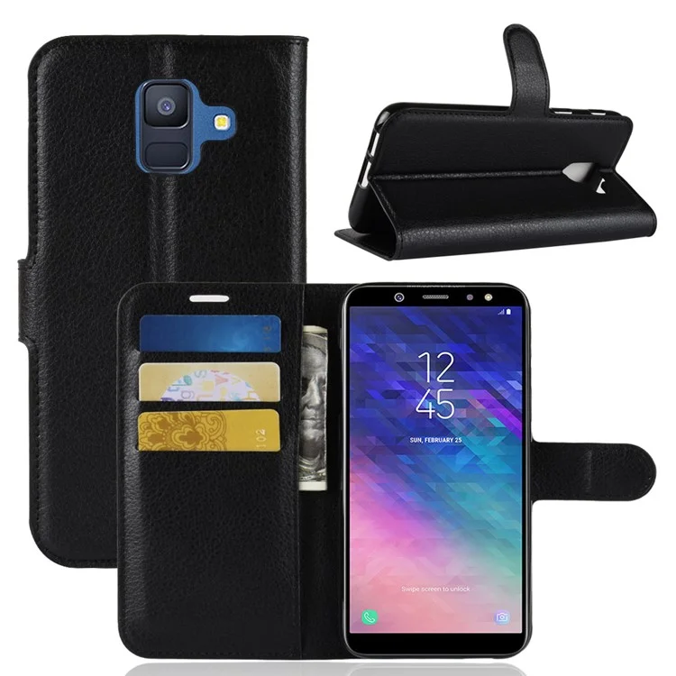 Litchi Skin Leather Wallet Case Phone Shell for Samsung Galaxy A6 (2018) Adjustable Stand Design Phone Accessory - Black-Cellmalls
