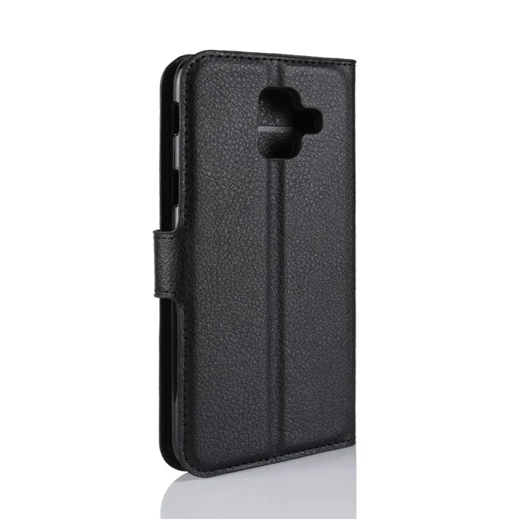 Litchi Skin Leather Wallet Case Phone Shell for Samsung Galaxy A6 (2018) Adjustable Stand Design Phone Accessory - Black-Cellmalls