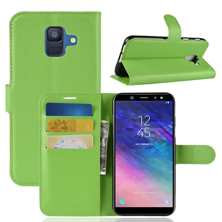 Litchi Skin Leather Wallet Case Phone Shell for Samsung Galaxy A6 (2018) Adjustable Stand Design Phone Accessory - Black-Cellmalls