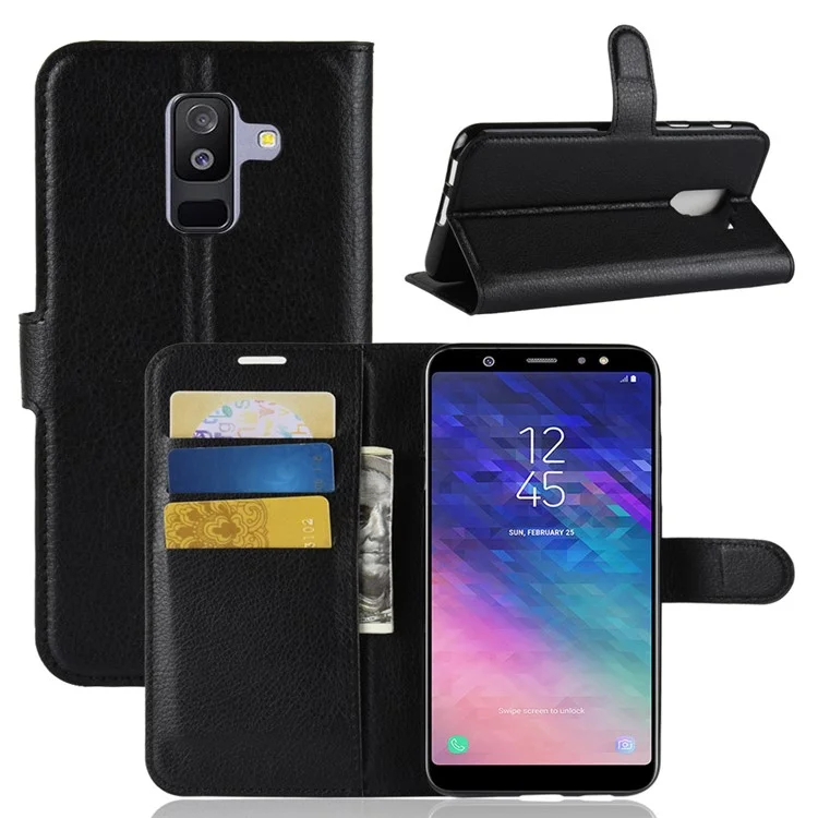 Litchi Skin PU Leather Magnetic Wallet Stand Case for Samsung Galaxy A6+ (2018) - Black-Cellmalls