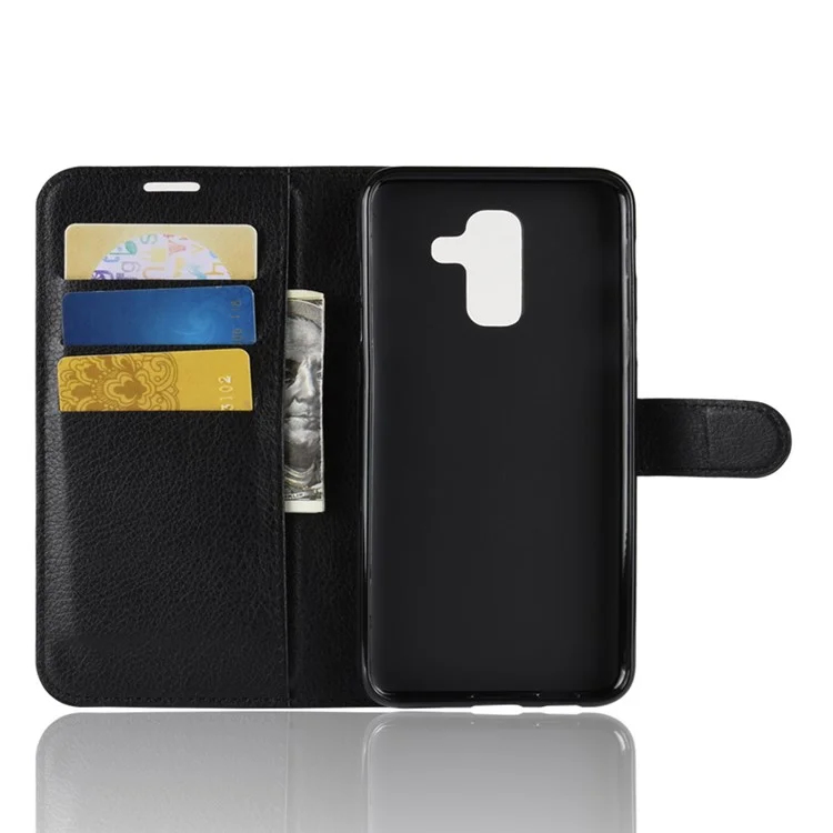 Litchi Skin PU Leather Magnetic Wallet Stand Case for Samsung Galaxy A6+ (2018) - Black-Cellmalls