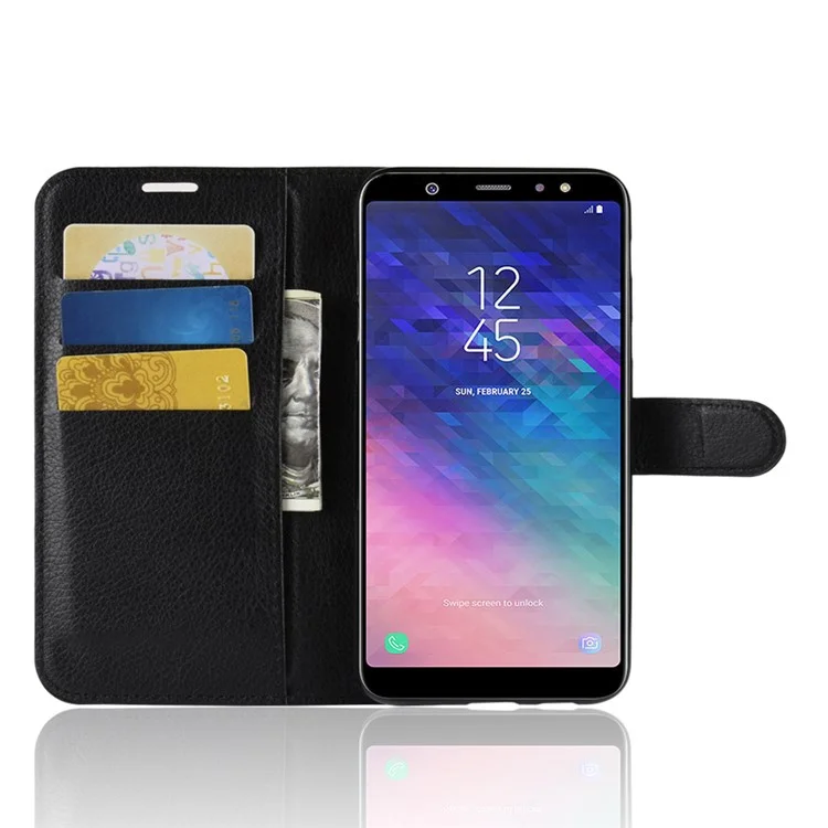 Litchi Skin PU Leather Magnetic Wallet Stand Case for Samsung Galaxy A6+ (2018) - Black-Cellmalls