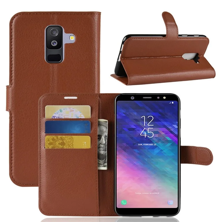 Litchi Skin PU Leather Magnetic Wallet Stand Case for Samsung Galaxy A6+ (2018) - Black-Cellmalls